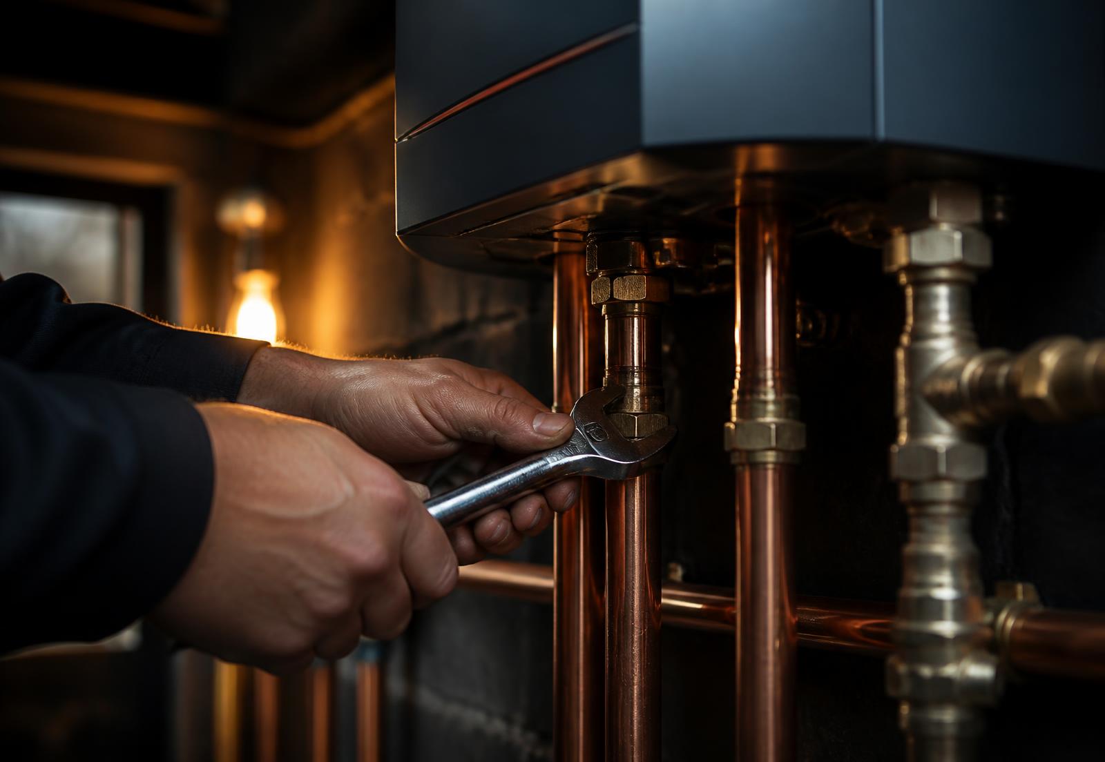 Monteur van Bos Installateurs werkt aan koperen leidingen van een cv-ketel